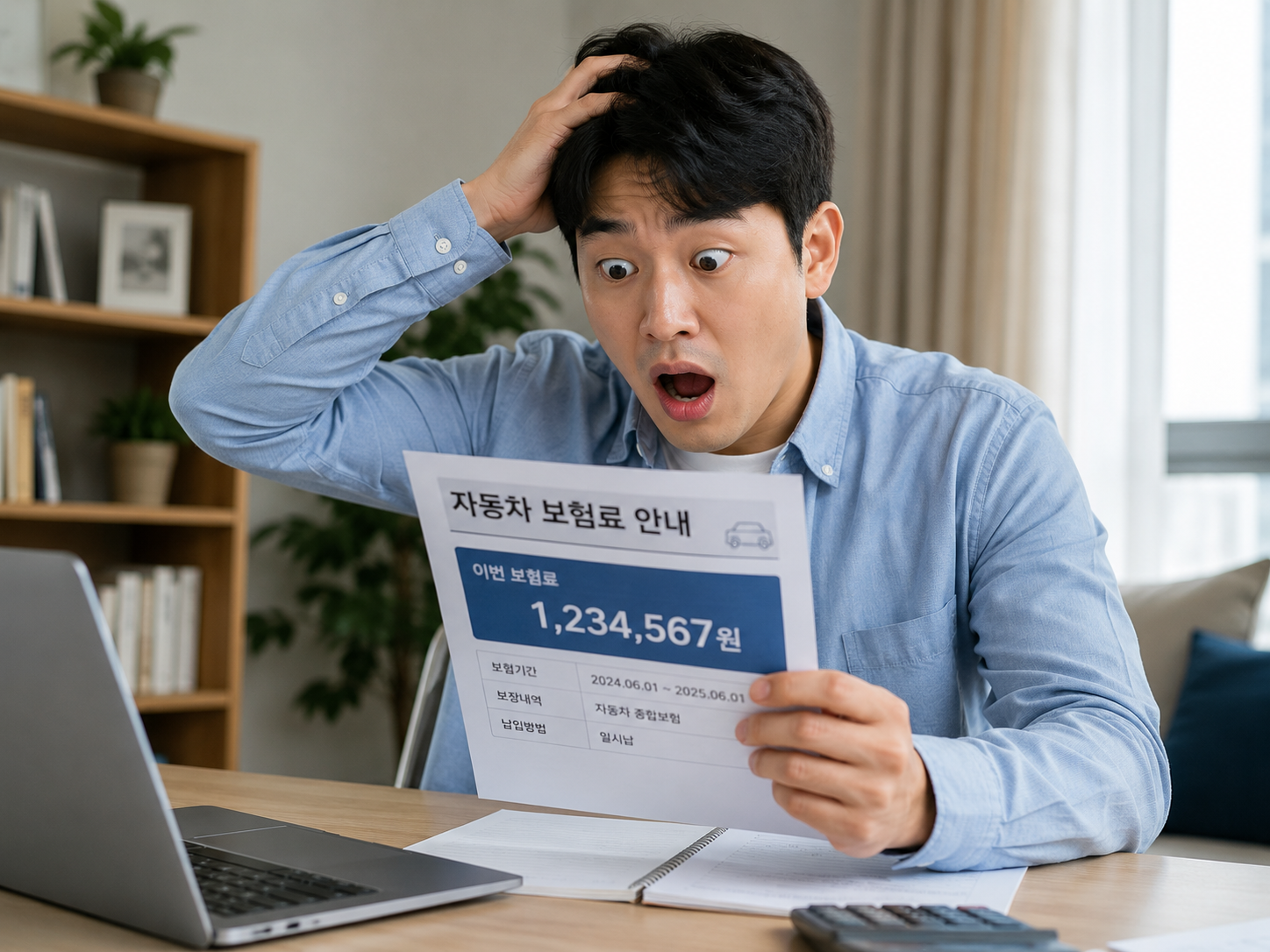 비싼 자동차 보험료에 깜짝 놀라는 모습